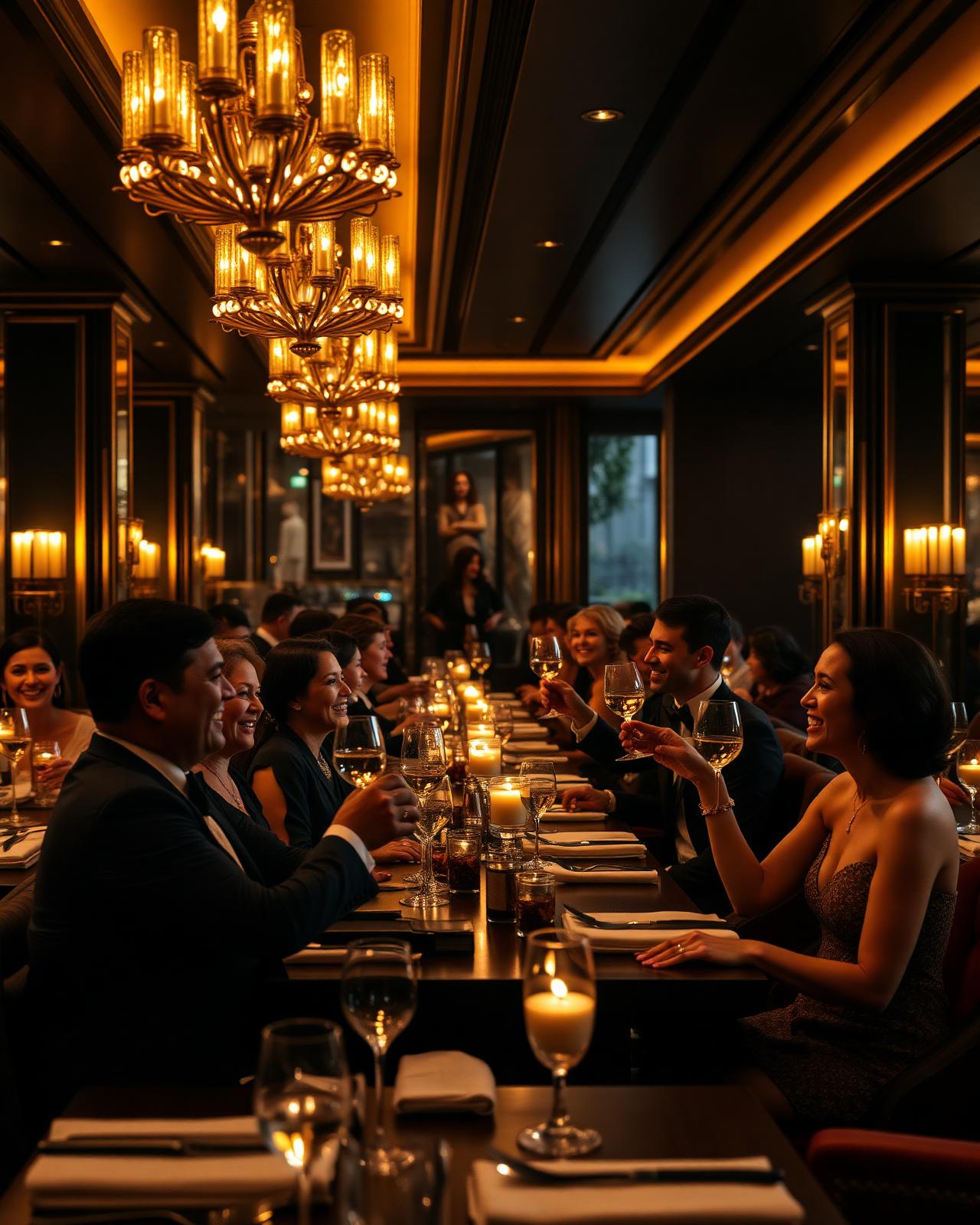 Restaurant gastronomique haut de gamme complet, clients heureux trinquant sous les lustres