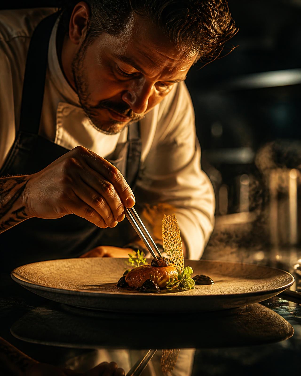 Chef dressant un plat gastronomique en cuisine