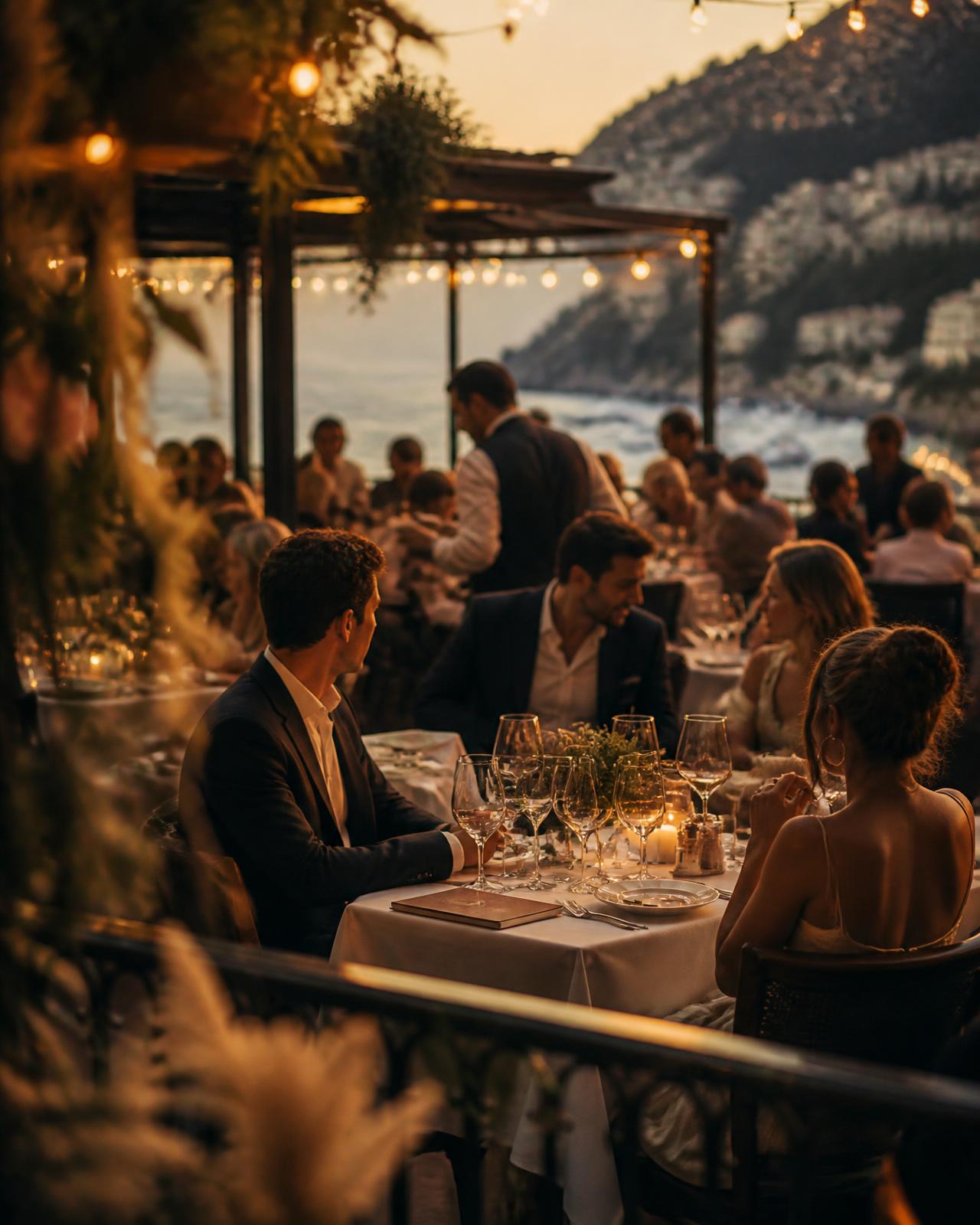 Terrasse de restaurant premium complète au coucher du soleil